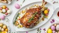 Festive Easter Dinner Table with Roasted Lamb and Colorful Eggs Celebrating Spring Feast and Culinary Traditions Royalty Free Stock Photo