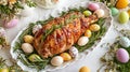Festive Easter Dinner Table with Roasted Lamb and Decorated Eggs Concept of Holiday Celebration Spring Festivity Royalty Free Stock Photo