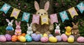 A festive Easter display featuring a large plush rabbit centerpiece seated on a log
