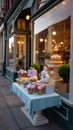 Festive Easter display featuring pastel eggs, ceramic bunny, and treats outside a whimsical shop Royalty Free Stock Photo