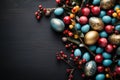 Festive Easter Eggs Amidst Blossoms on Dark Wooden Background GenerativeAI