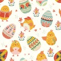Easter folk seamless pattern with decorated Easter eggs and cute chicks Scandinavian style vector background for wrapping paper Royalty Free Stock Photo