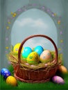 Festive Easter postcard. Easter eggs in basket on colored background. Vector