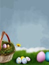 Festive Easter postcard. Easter eggs in basket on colored background. Vector