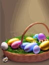 Festive Easter postcard. Easter eggs in basket on colored background. Vector