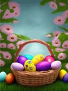 Festive Easter postcard. Easter eggs in basket on colored background. Vector