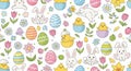 Easter Seamless Pattern with Bunnies Chicks Eggs and Flowers on White Background Festive Spring Design Celebration Royalty Free Stock Photo