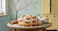 Traditional Easter sweet bread with icing in cozy kitchen Royalty Free Stock Photo