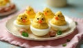 Festive Easter table centerpiece featuring adorable deviled egg chicks. Cute food art made from eggs, decorated with carrot beaks Royalty Free Stock Photo