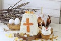Festive Easter table, Easter cheesecake with raisins Royalty Free Stock Photo