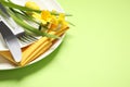 Festive Easter table setting with beautiful narcissuses, closeup. Space for text Royalty Free Stock Photo