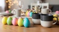 A festive Easter table setting with colorful eggs and coffee cups Royalty Free Stock Photo