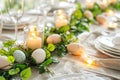 Festive Easter Table Setting with Decorated Eggs and Candles A closeup image showcasing a beautifully decorated Easter table Royalty Free Stock Photo