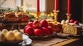 Festive Easter Table Setting Red Eggs Sweet Bread Candlelight Celebration Royalty Free Stock Photo