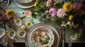 Festive Easter Table Setting with Spring Flowers and Pastel Colors