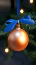 Festive Elegance: Christmas Ball with Blue Bow on Fir Tree Branch Royalty Free Stock Photo