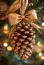 Festive Elegance: Closeup of Christmas Tree Ornament with Pine Cone and Gold Bow