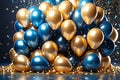 Festive Elegance: Realistic Festive Backdrop, Golden and Blue Balloons Floating Amidst Cascading Confetti, Background Celebration