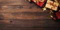 Festive Elegance: Red and Gold Christmas Gifts and Ornaments on Rustic Wood. Generative ai