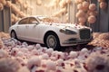 Festive elegance White car adorned with flowers, rose petals backdrop