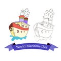 Festive emblem with image of a ship on World Maritime Day.