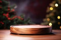 Festive empty wooden table top for product display with glowing christmas tree lights background Royalty Free Stock Photo