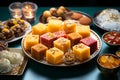 Festive ensemble Group of Indian mithai sweets adorned with a decorative diya Royalty Free Stock Photo