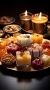 Festive ensemble Group of Indian mithai sweets adorned with a decorative diya Royalty Free Stock Photo