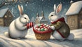 Charming woodland creatures, two bunnies, retrieve Christmas gifts from a basket in anticipation of the New Year. Snow