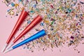 Festive event. Party. Celebration anniversary and Decor. Exploding firecrackers or colourful confetti. Pink background