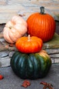 Festive fall decor on the front porch featuring four colorful pumpkins and fallen leaves