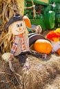 Festive fall farm scene with pumpkins and scarecrows