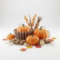 Festive Fall Harvest Arrangement with Orange Pumpkins and Root Vegetables on White Background Royalty Free Stock Photo