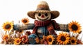 Festive Fall Scarecrow Decoration with Sunflowers on White Background Royalty Free Stock Photo