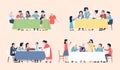 Festive family dinner. Parents and grandparents, children sitting at table with different meals. People eating lunch