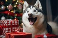 Festive family dog: husky with Christmas gifts