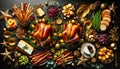 Festive feast: roast turkey, vegetables dishes,cheese board and sauces.Concept of Christmas or New Year dinner