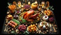 Festive feast: roast turkey, vegetables dishes,cheese board and sauces.Concept of Christmas or New Year dinner