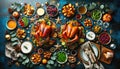 Festive feast: roast turkey, vegetables dishes,cheese board and sauces.Concept of Christmas or New Year dinner