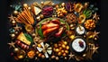 Festive feast: roast turkey, vegetables dishes,cheese board and sauces.Concept of Christmas or New Year dinner