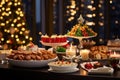 The festive feast set on the table amidst the backdrop of the beautifully adorned Christmas tree Royalty Free Stock Photo