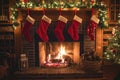 A festive fireplace adorned with stockings hanging above, creating a cozy holiday atmosphere, A warm fireplace with Christmas Royalty Free Stock Photo