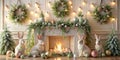 Festive fireplace mantel decorated with pastel easter eggs, green greenery, and elegant white rabbits. Generative AI Royalty Free Stock Photo