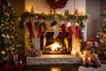 a festive fireplace surrounded by colorful garlands, mistletoe, and stockings