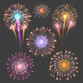 Festive firework vector set on checkered dark background Royalty Free Stock Photo