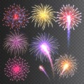 Festive fireworks collection. Realistic colorful firework on transparent background. Multicolored explosion. Christmas Royalty Free Stock Photo