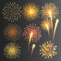 Festive fireworks collection. Realistic colorful firework on transparent background. Multicolored explosion. Christmas Royalty Free Stock Photo