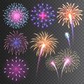 Festive fireworks collection. Realistic colorful firework on transparent background. Multicolored explosion. Christmas Royalty Free Stock Photo