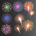 Festive fireworks collection. Realistic colorful firework on transparent background. Multicolored explosion. Christmas Royalty Free Stock Photo