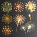 Festive fireworks collection. Realistic colorful firework on transparent background. Multicolored explosion. Christmas Royalty Free Stock Photo